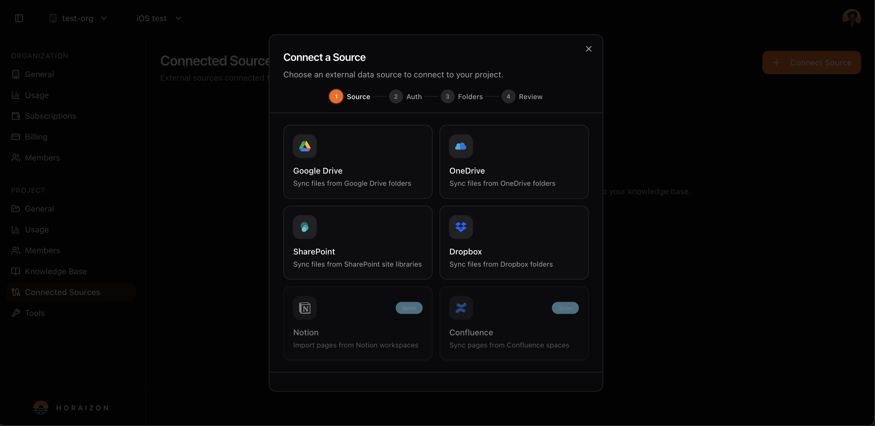 Connect sources like Google Drive, OneDrive, SharePoint, Dropbox, Notion and Confluence