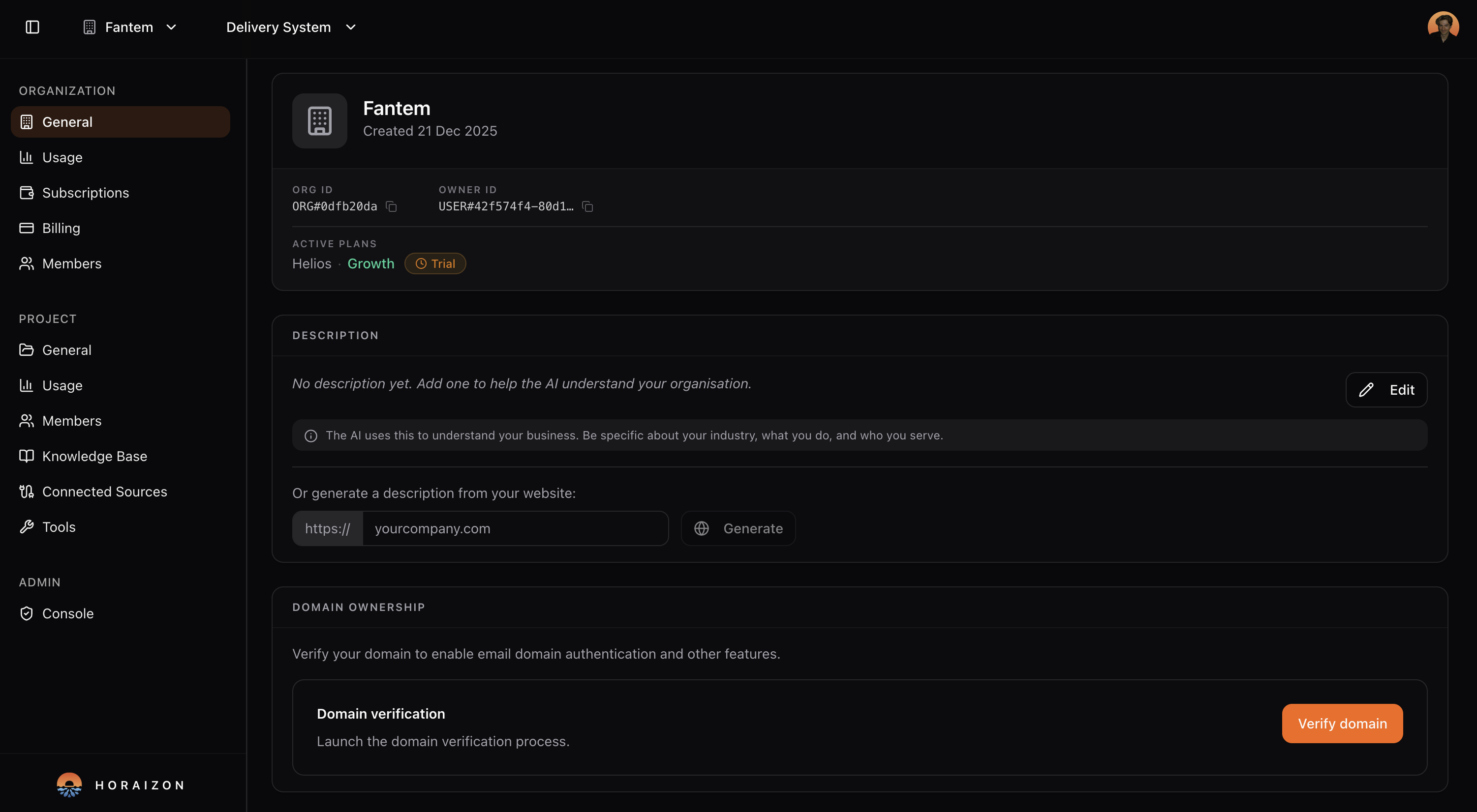 Organisation settings showing users, roles and access controls