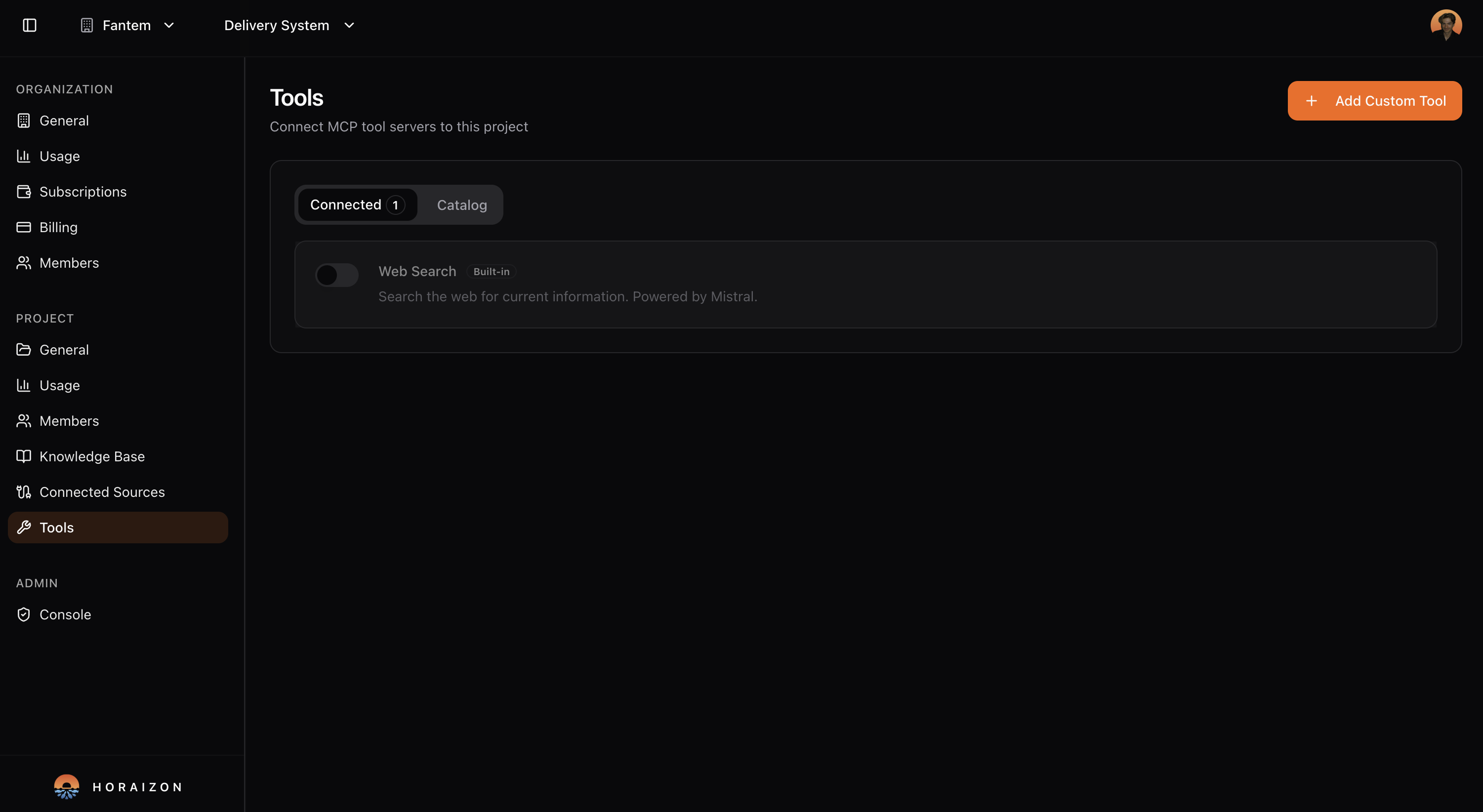 Tools interface showing connected integrations like web search