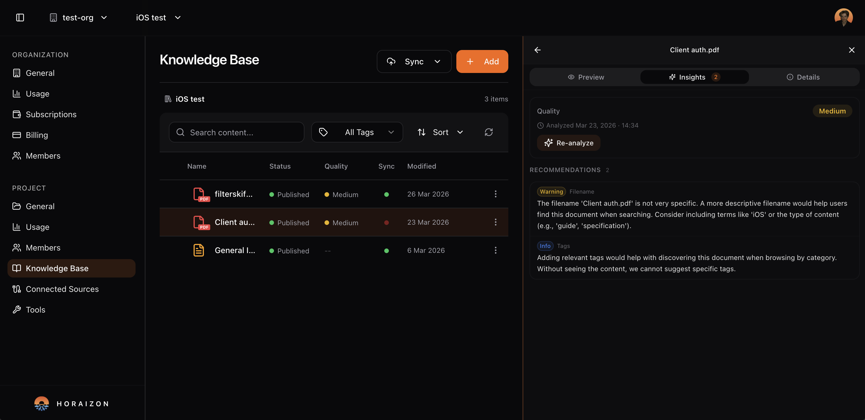 Knowledge base with document quality insights and recommendations