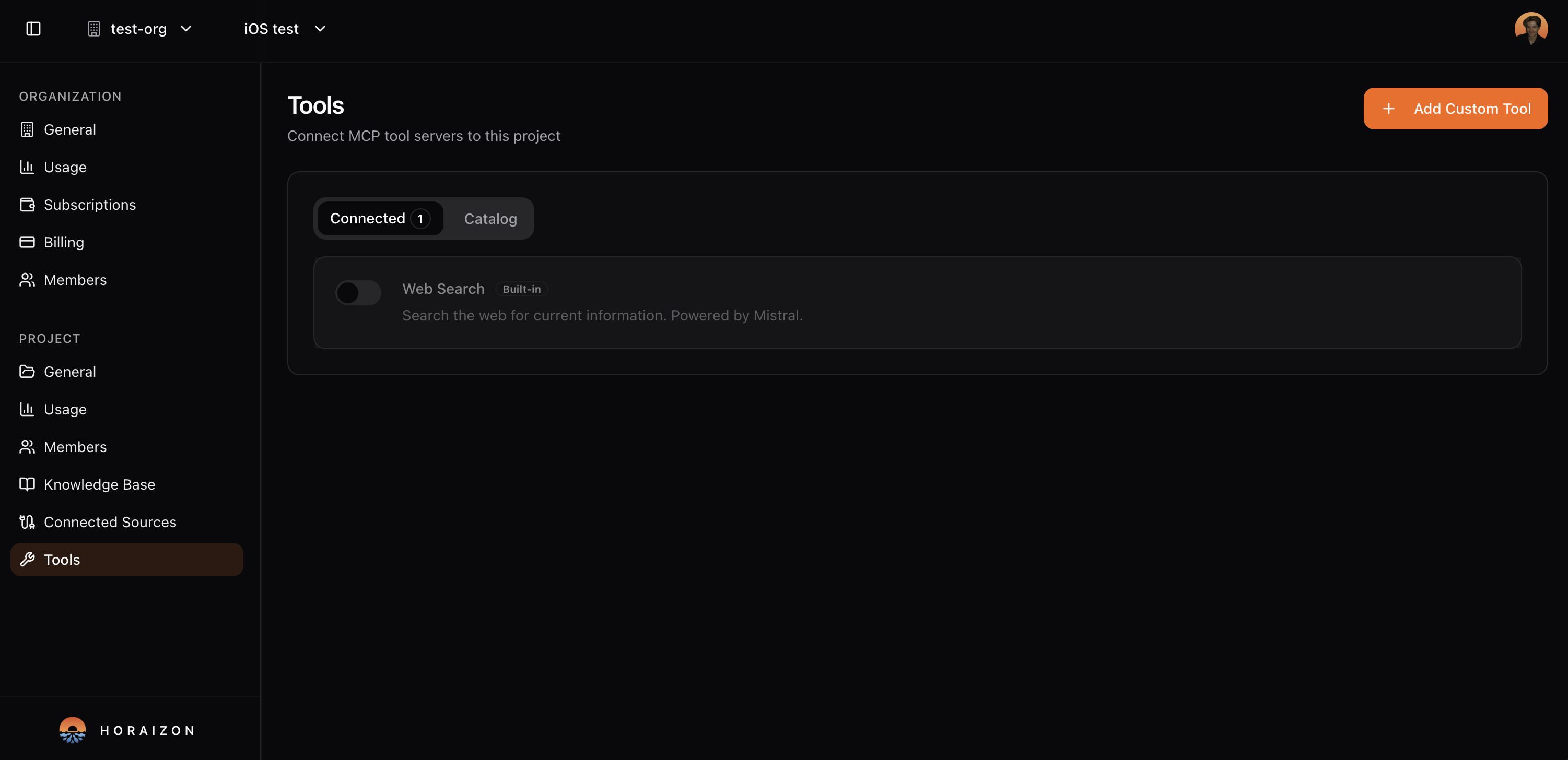 Tools interface showing connected integrations like web search
